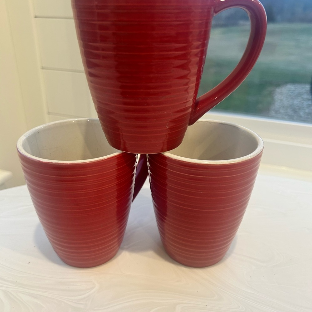 Corningware Etch Red Ribbed 3 Mugs Corning Corelle White Interior Stoneware